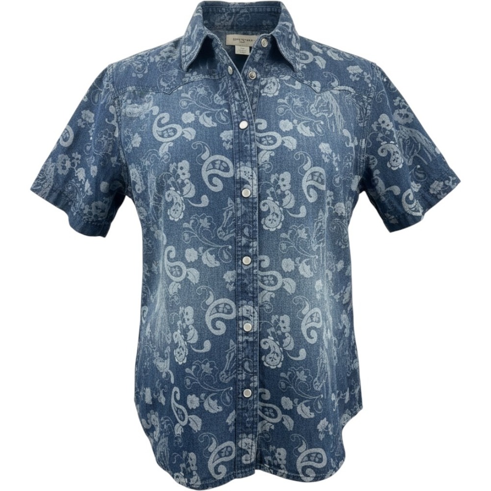 Bit & Bridle Button Down Shirt Women XL Blue Horse Paisley Western Denim